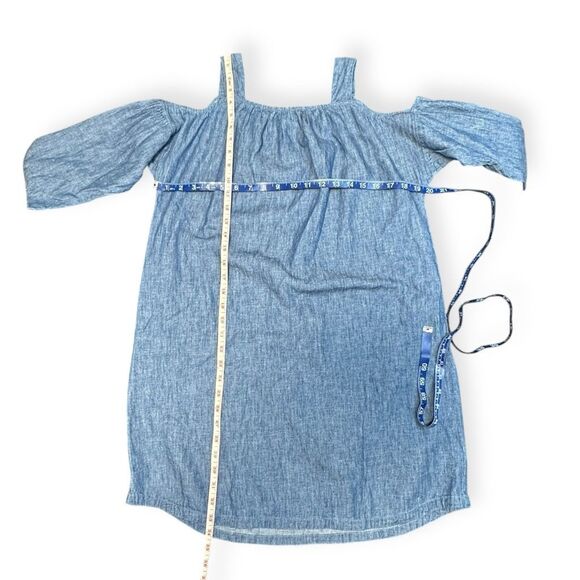 MADEWELL Women’s Blue Chambray Linen Cotton Cold Shoulder Tie Sleeve Mini Dress - Picture 7 of 7